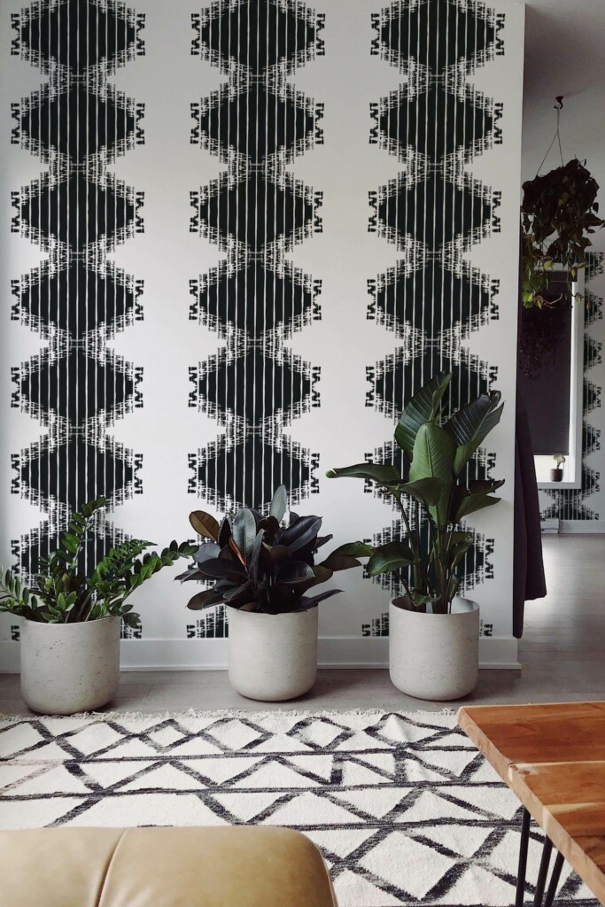 Scandinavian style living room decorated with Abstract ikat peel and stick wallpaper