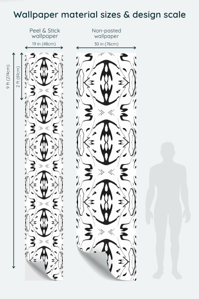 Size comparison of Abstract ink Peel & Stick and Non-pasted wallpapers with design scale relative to human figure