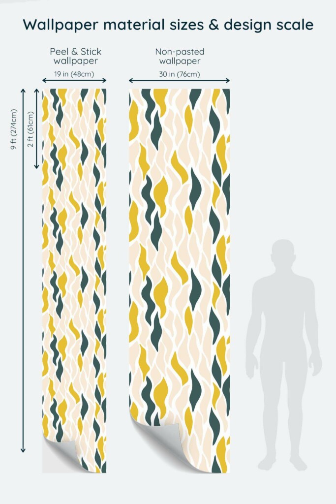 Size comparison of Abstract leaf design Peel & Stick and Non-pasted wallpapers with design scale relative to human figure