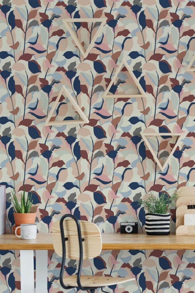Scandinavian style home office decorated with Abstract leaf peel and stick wallpaper