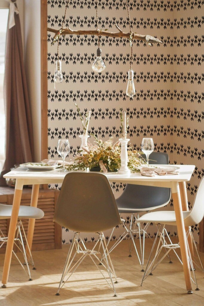 Modern boho style dining room decorated with Abstract leaf stripe peel and stick wallpaper