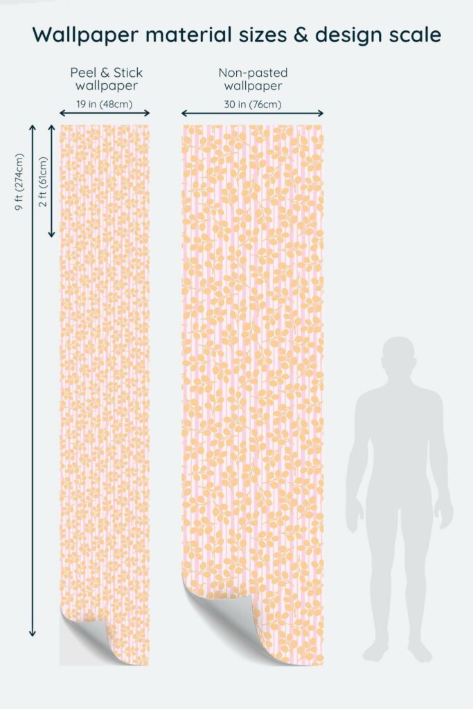 Size comparison of Abstract leaf stripe Peel & Stick and Non-pasted wallpapers with design scale relative to human figure