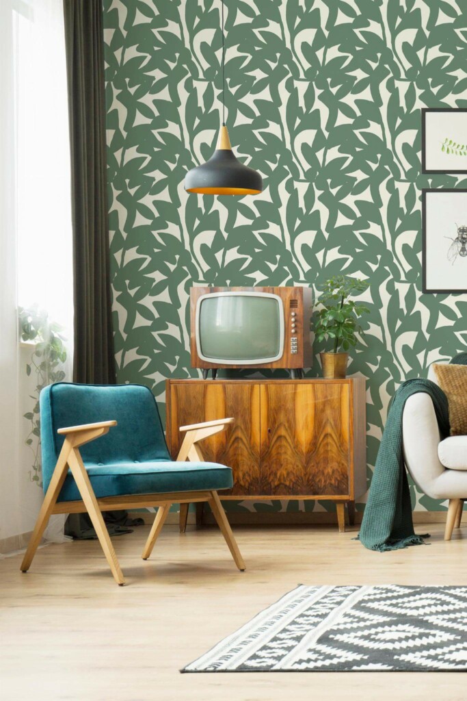 Mid-century modern style living room decorated with Abstract leave shadow peel and stick wallpaper