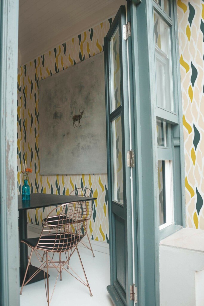 Minimal coastal style cafe decorated with Abstract leaves peel and stick wallpaper