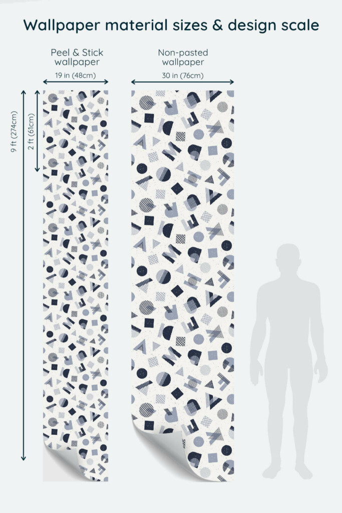 Size comparison of Abstract letters Peel & Stick and Non-pasted wallpapers with design scale relative to human figure