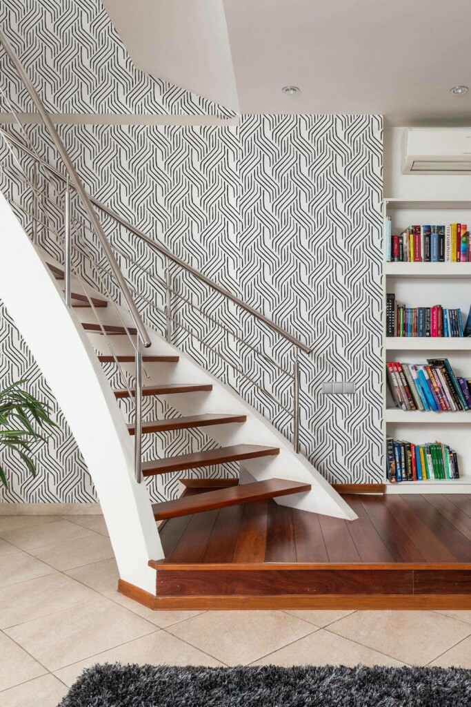 Modern style hallway with stairs decorated with Abstract lines peel and stick wallpaper