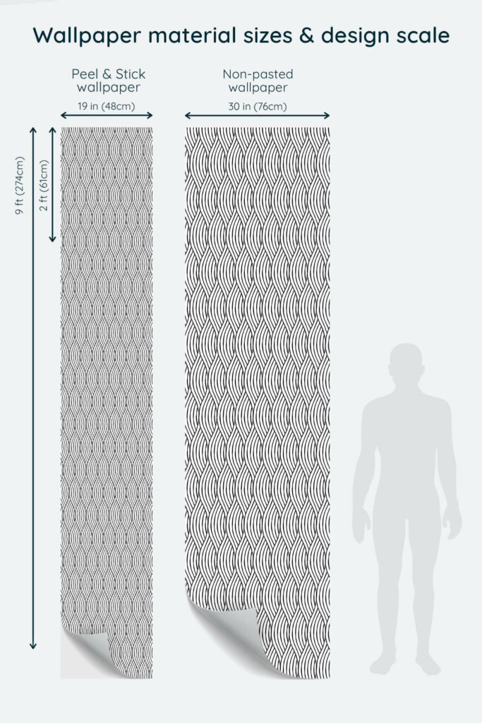 Size comparison of Abstract lines Peel & Stick and Non-pasted wallpapers with design scale relative to human figure