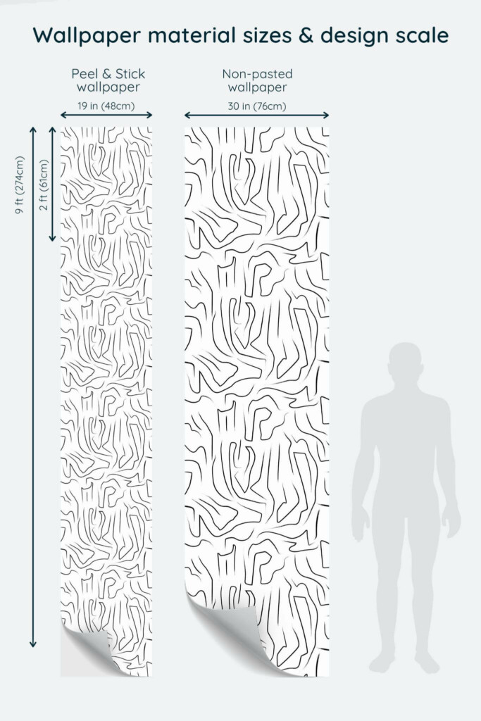 Size comparison of Abstract linework Peel & Stick and Non-pasted wallpapers with design scale relative to human figure
