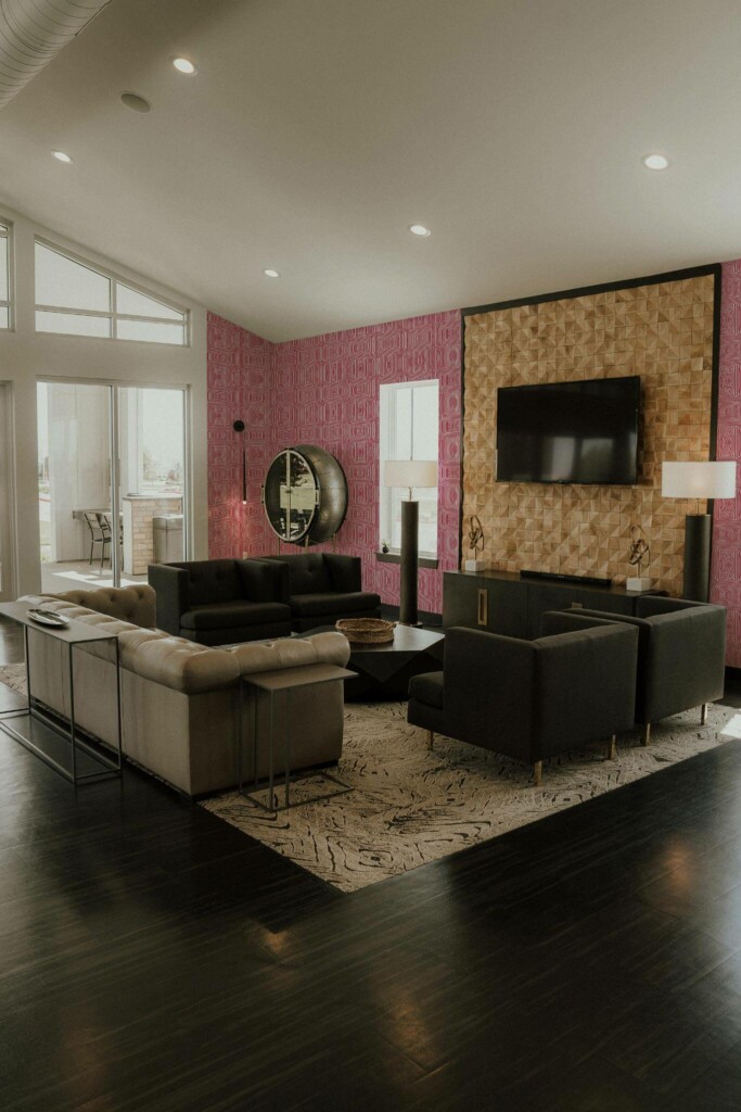 Hollywood glam style living room decorated with Abstract magenta line peel and stick wallpaper