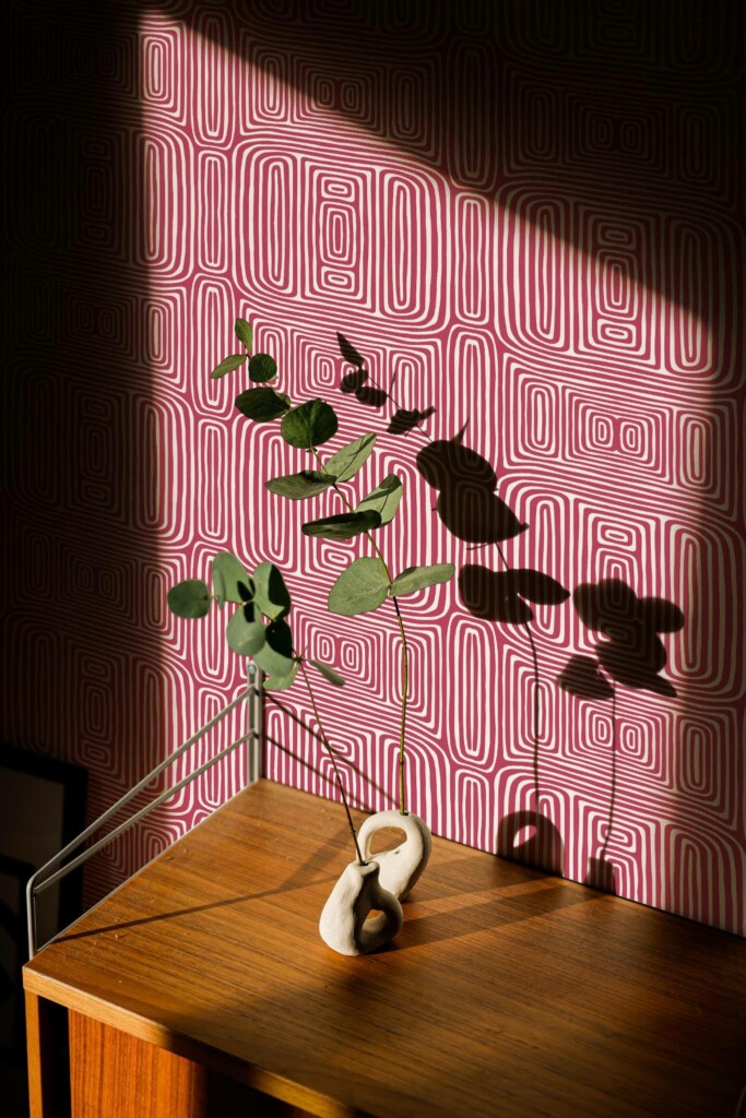 Mid-century style living room decorated with Abstract magenta line peel and stick wallpaper