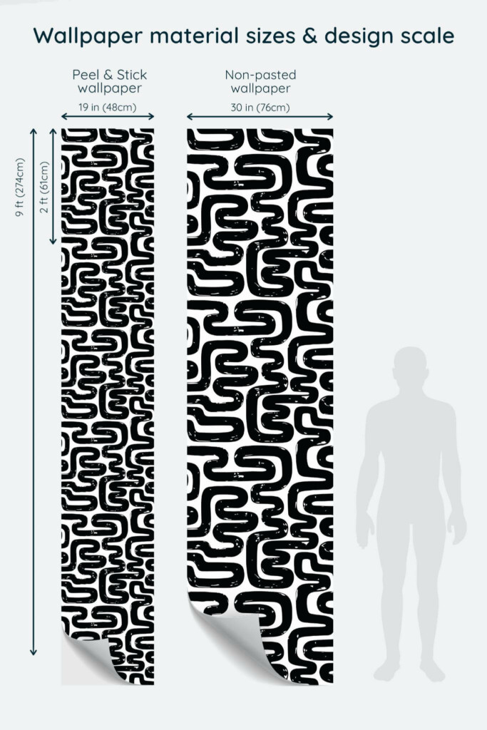 Size comparison of Abstract maze Peel & Stick and Non-pasted wallpapers with design scale relative to human figure