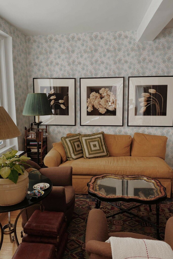 Mid-century eclectic style living room decorated with Abstract mess peel and stick wallpaper