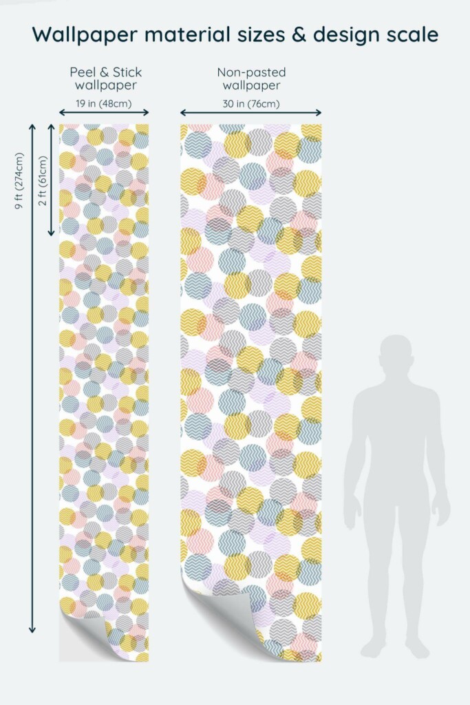Size comparison of Abstract overlapping dots Peel & Stick and Non-pasted wallpapers with design scale relative to human figure