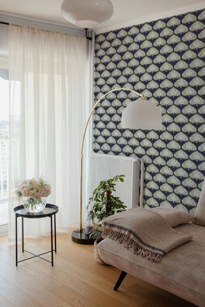 Bohemian Scandinavian style living room decorated with Abstract palm peel and stick wallpaper