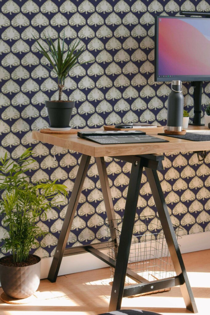Scandinavian style home office decorated with Abstract palm peel and stick wallpaper