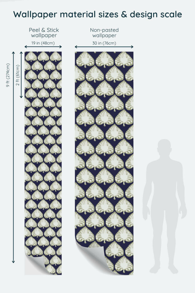 Size comparison of Abstract palm Peel & Stick and Non-pasted wallpapers with design scale relative to human figure