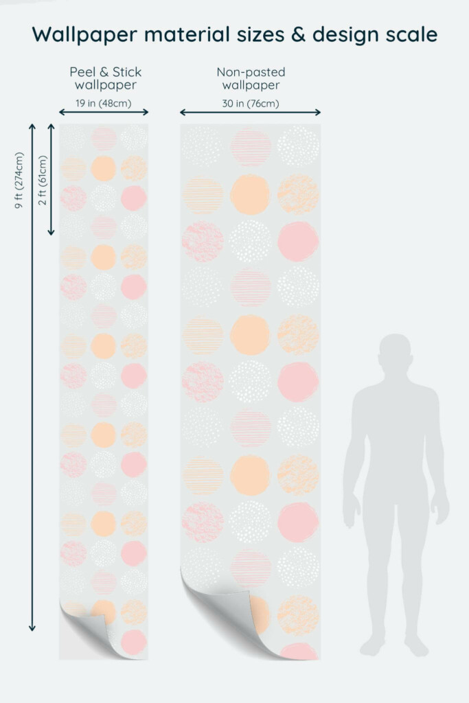 Size comparison of Abstract pastel dots Peel & Stick and Non-pasted wallpapers with design scale relative to human figure