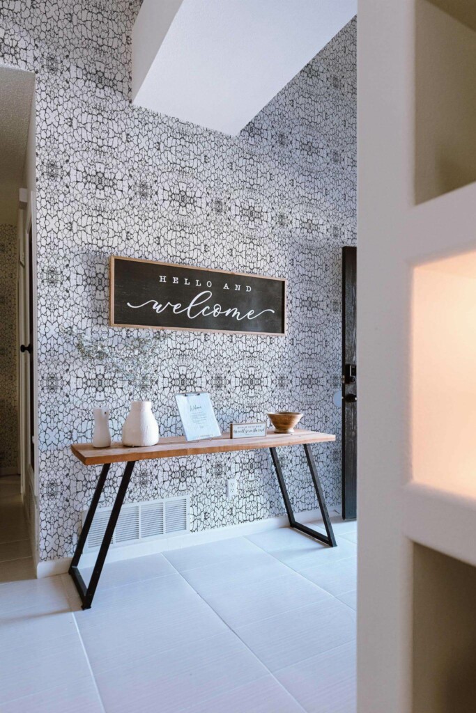 Minimal farmhouse style entryway decorated with Abstract pattern peel and stick wallpaper