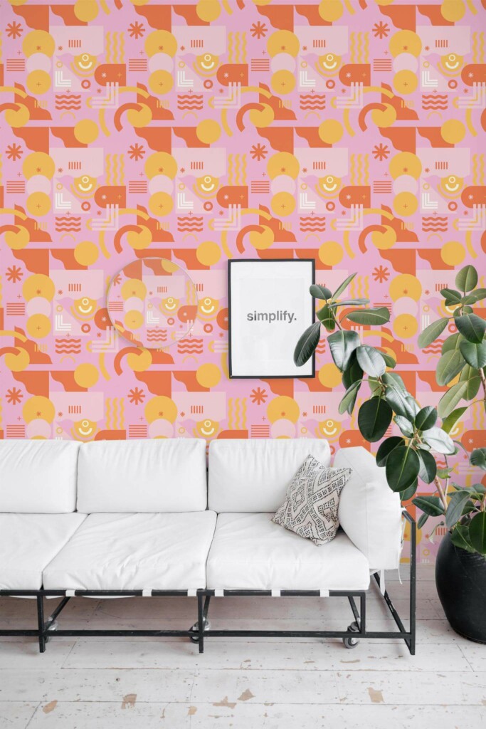 Minimal industrial style living room decorated with Abstract pink geometric peel and stick wallpaper