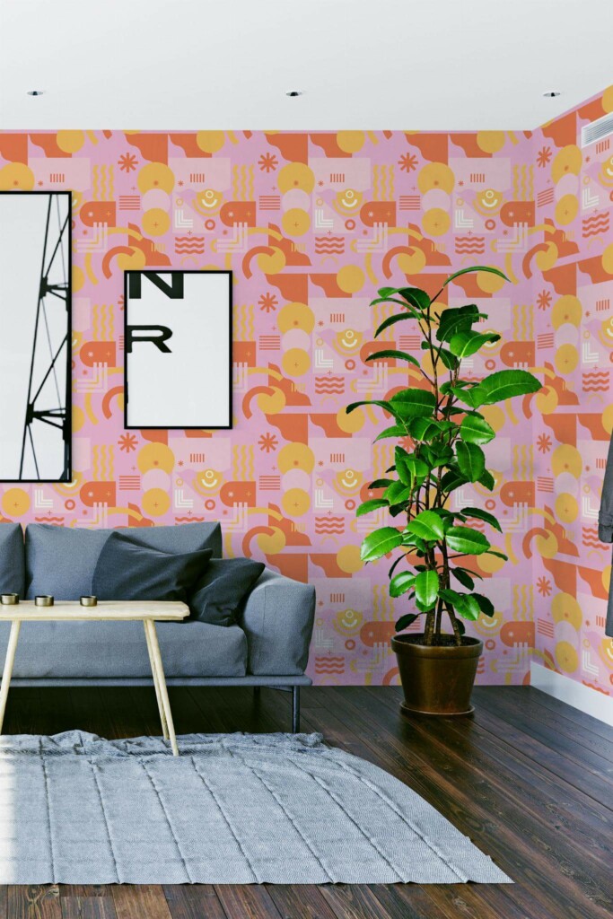 Modern scandinavian style living room decorated with Abstract pink geometric peel and stick wallpaper