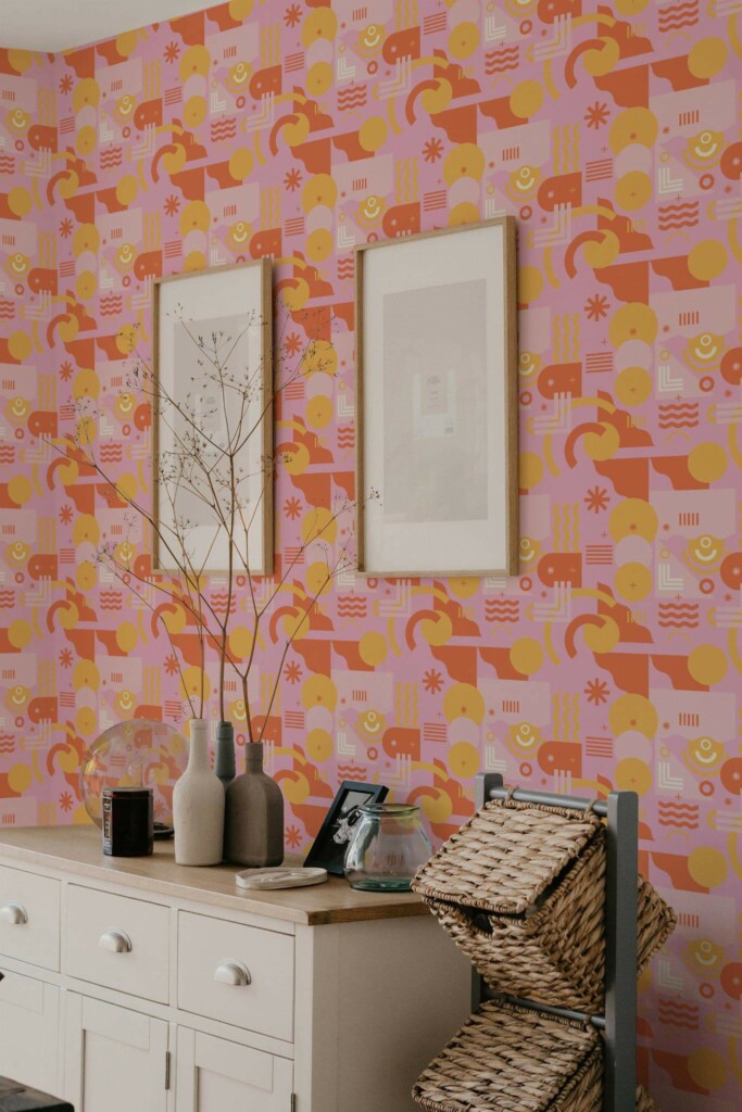 Scandinavian style bedroom decorated with Abstract pink geometric peel and stick wallpaper