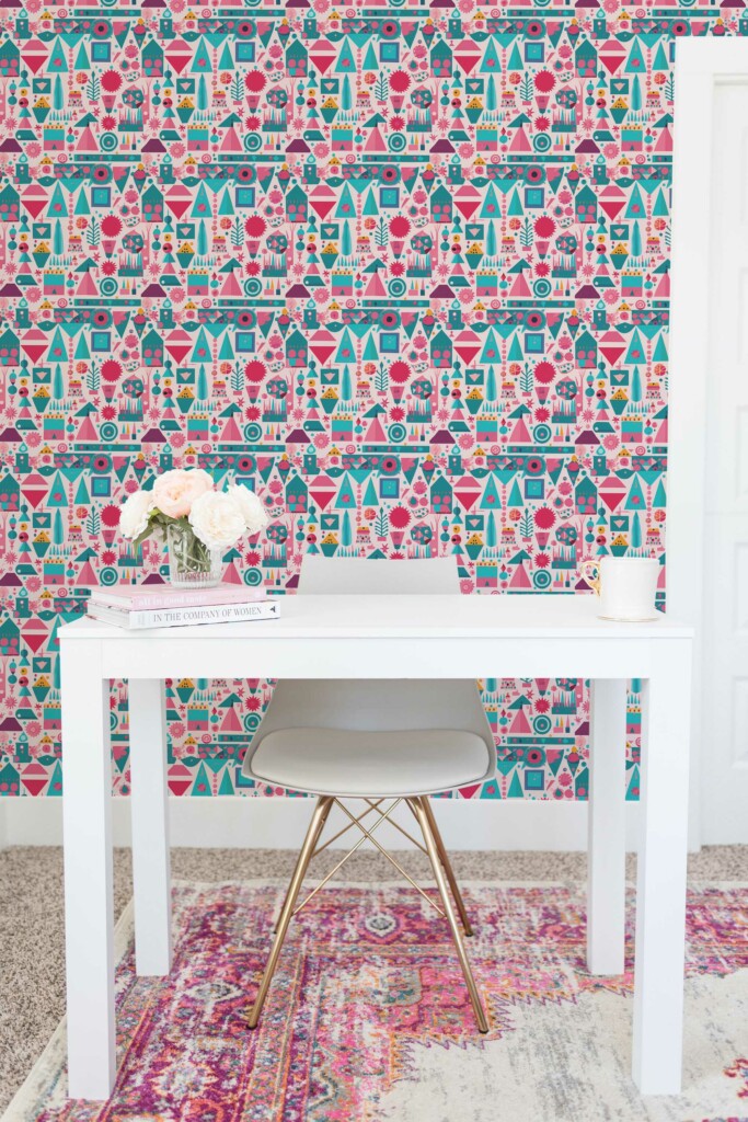 Self-adhesive wallpaper with abstract pink and turquoise shapes by Fancy Walls