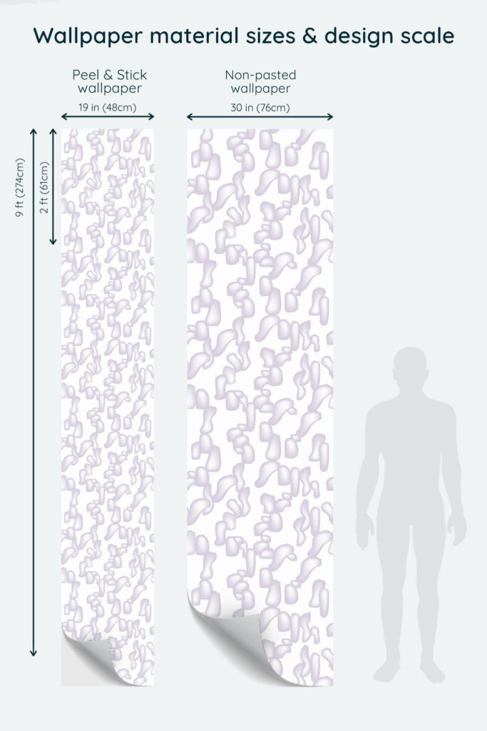 Size comparison of Abstract purple modern shapes Peel & Stick and Non-pasted wallpapers with design scale relative to human figure