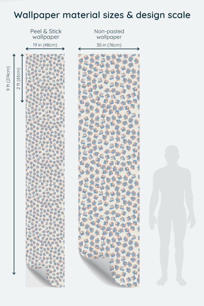 Size comparison of Abstract retro floral Peel & Stick and Non-pasted wallpapers with design scale relative to human figure