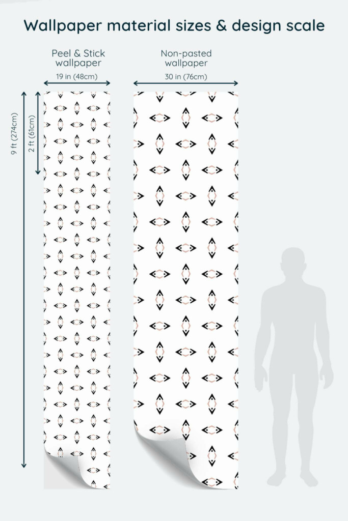 Size comparison of Abstract rhombus Peel & Stick and Non-pasted wallpapers with design scale relative to human figure
