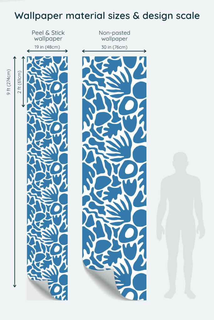 Size comparison of Abstract seaweed Peel & Stick and Non-pasted wallpapers with design scale relative to human figure