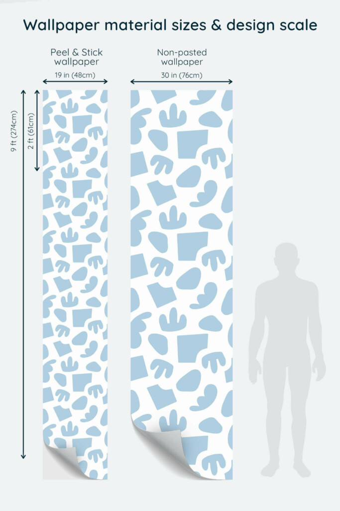 Size comparison of Abstract shapes Peel & Stick and Non-pasted wallpapers with design scale relative to human figure