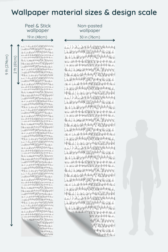 Size comparison of Abstract short line Peel & Stick and Non-pasted wallpapers with design scale relative to human figure