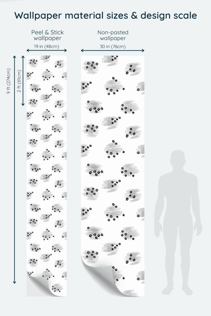 Size comparison of Abstract spotted Peel & Stick and Non-pasted wallpapers with design scale relative to human figure