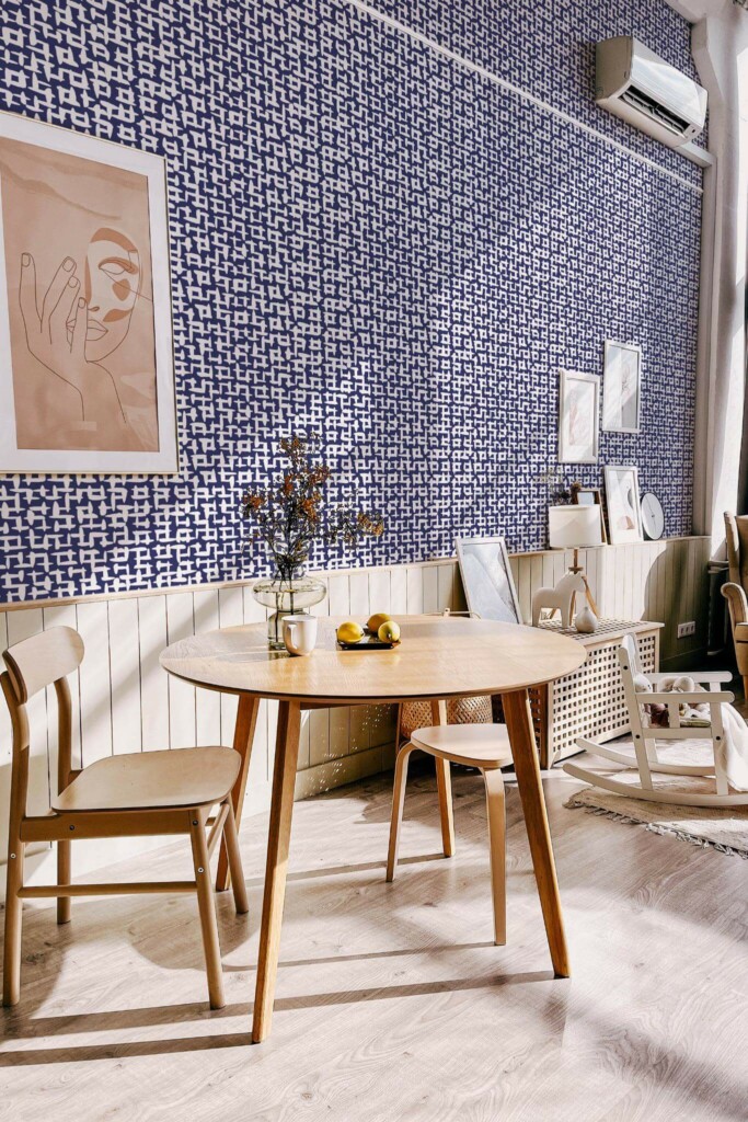 Modern boho style dining living room decorated with Abstract square peel and stick wallpaper