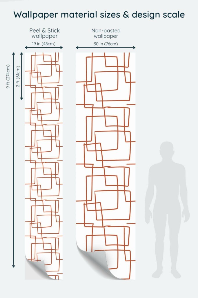 Size comparison of Abstract square Peel & Stick and Non-pasted wallpapers with design scale relative to human figure