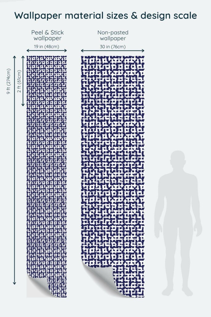 Size comparison of Abstract squares Peel & Stick and Non-pasted wallpapers with design scale relative to human figure