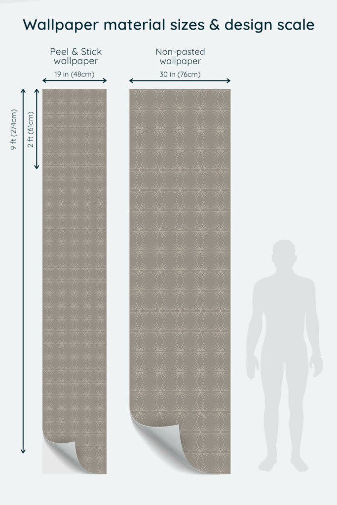 Size comparison of Abstract stars Peel & Stick and Non-pasted wallpapers with design scale relative to human figure