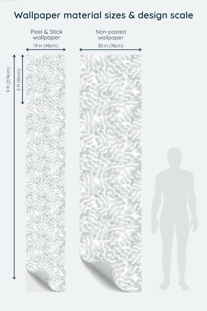 Size comparison of Abstract stippled Peel & Stick and Non-pasted wallpapers with design scale relative to human figure