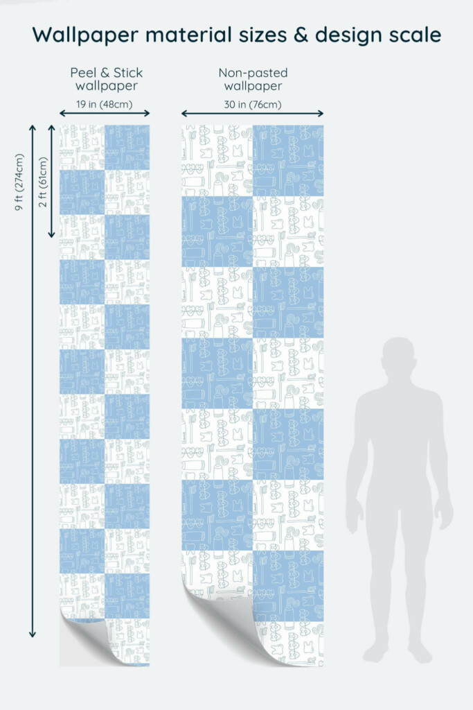 Size comparison of Abstract stomatology Peel & Stick and Non-pasted wallpapers with design scale relative to human figure
