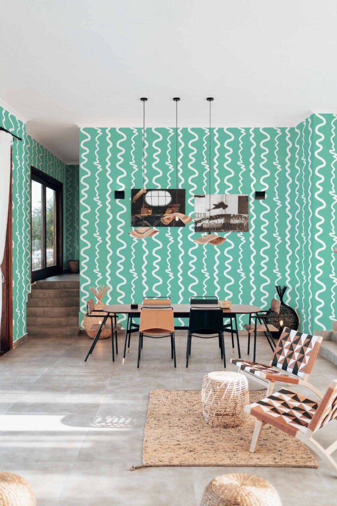 Modern boho style living dining room decorated with Abstract stripe peel and stick wallpaper