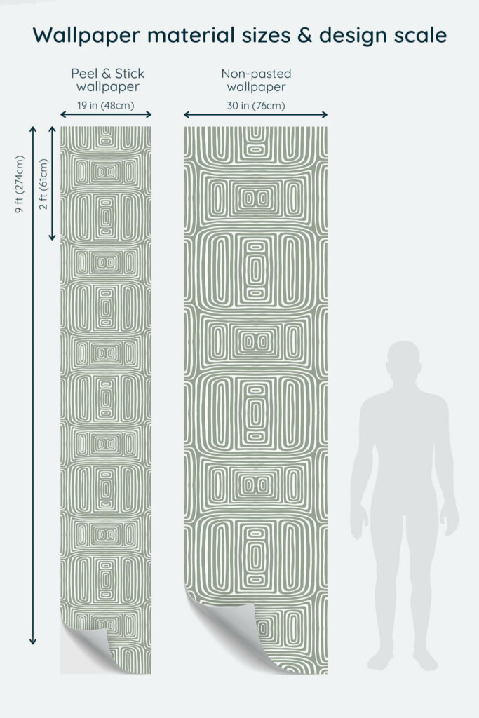Size comparison of Abstract symmetrical ornament Peel & Stick and Non-pasted wallpapers with design scale relative to human figure
