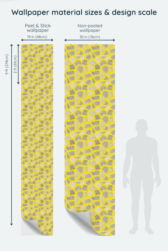 Size comparison of Abstract terrazzo Peel & Stick and Non-pasted wallpapers with design scale relative to human figure