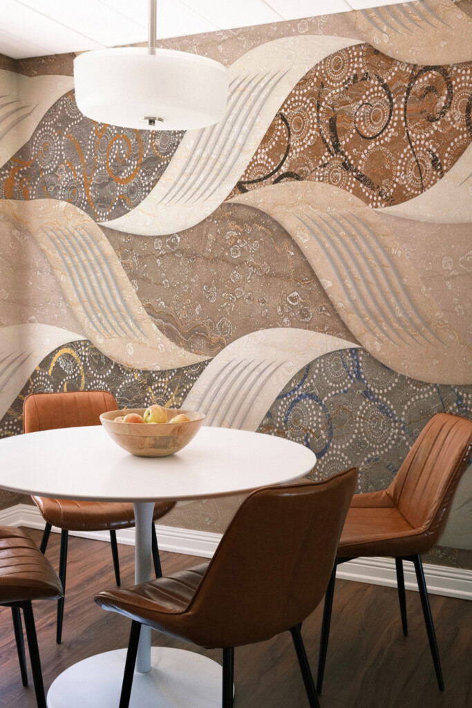 Peel and stick wall murals with vintage tile shapes and dotted patterns in warm brown tones by Fancy Walls