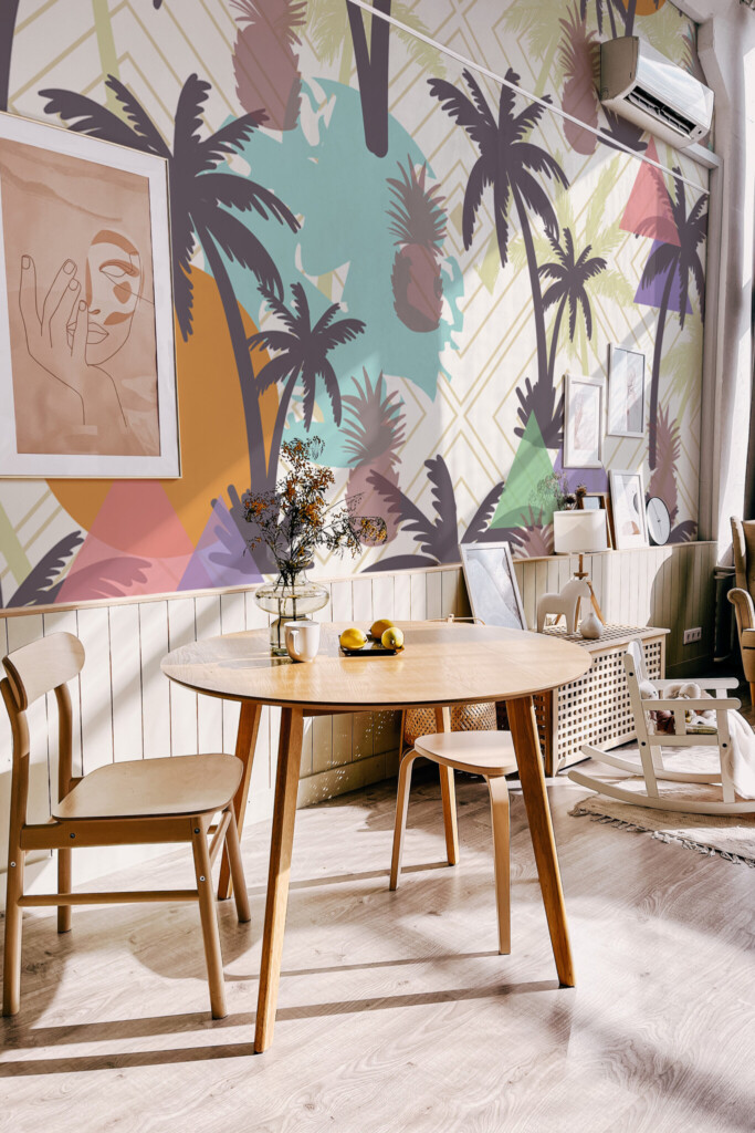 Peel and stick wall murals with tropical palms and pineapples in colorful geometric retro pastel tones by Fancy Walls