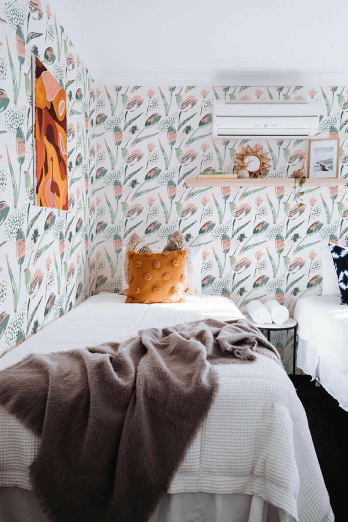 Boho style bedroom decorated with Abstract tulip flower peel and stick wallpaper