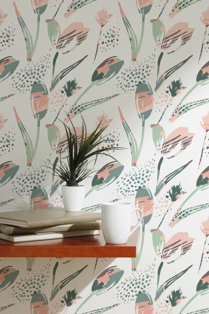 Scandinavian style accent wall decorated with Abstract tulip flower peel and stick wallpaper