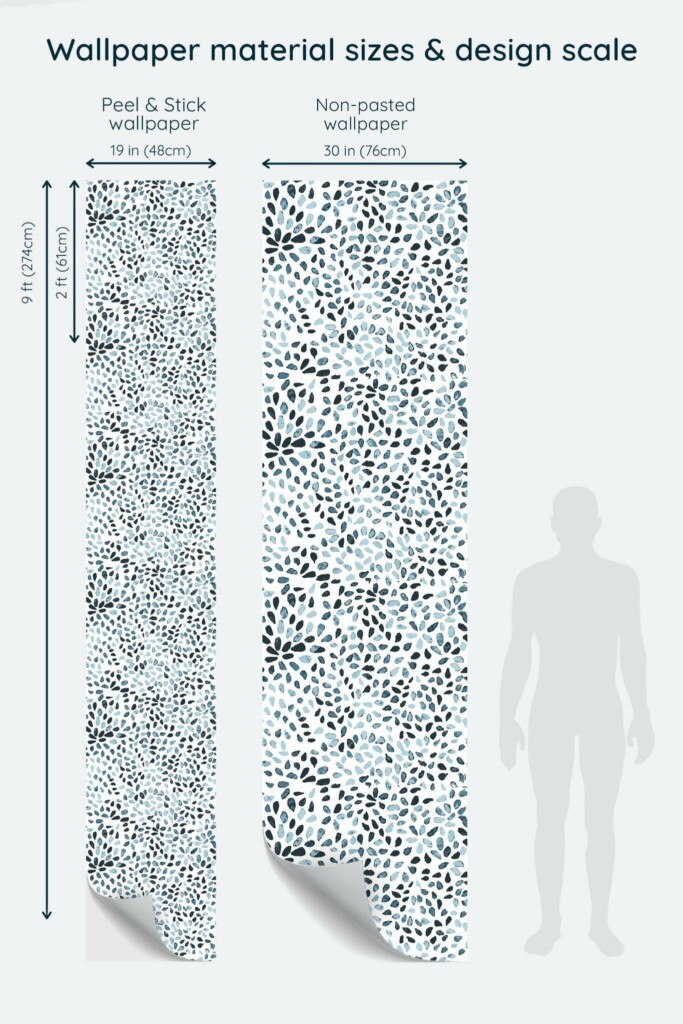 Size comparison of Abstract watercolor dots Peel & Stick and Non-pasted wallpapers with design scale relative to human figure