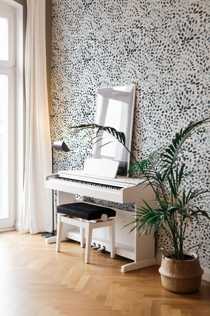 Modern style living room with a piano decorated with Abstract watercolor peel and stick wallpaper