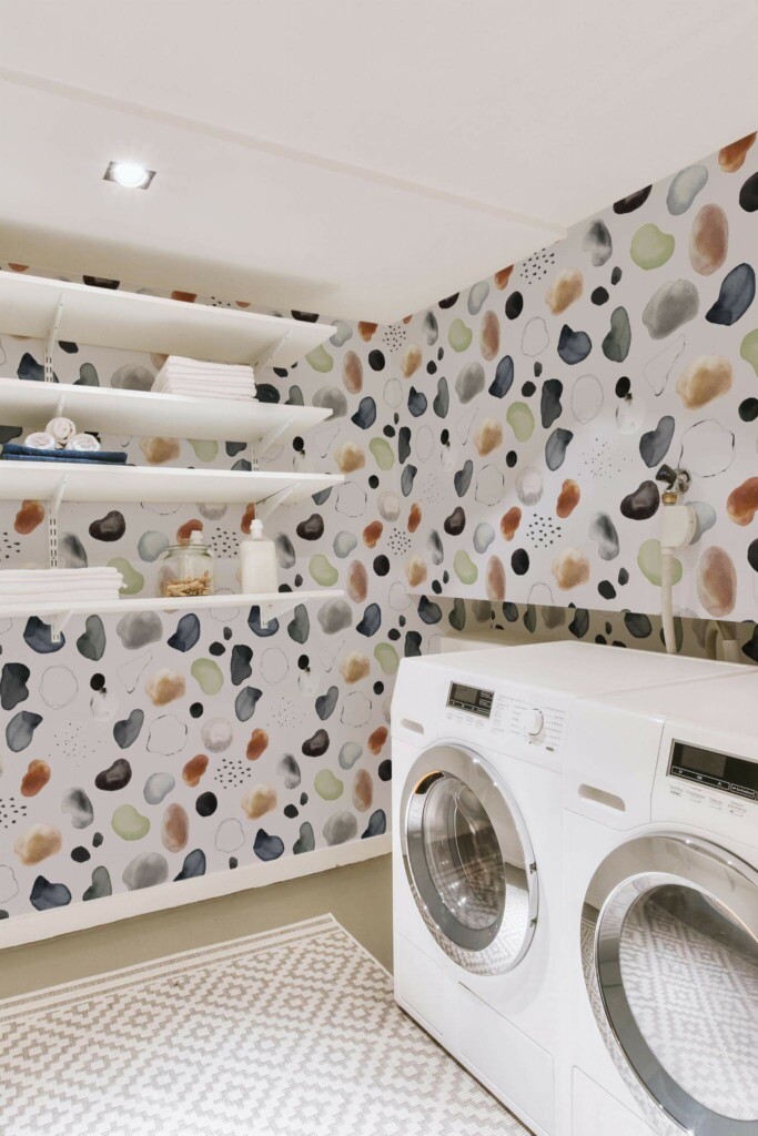 Minimal style laundry room decorated with Abstract watercolor terrazzo peel and stick wallpaper