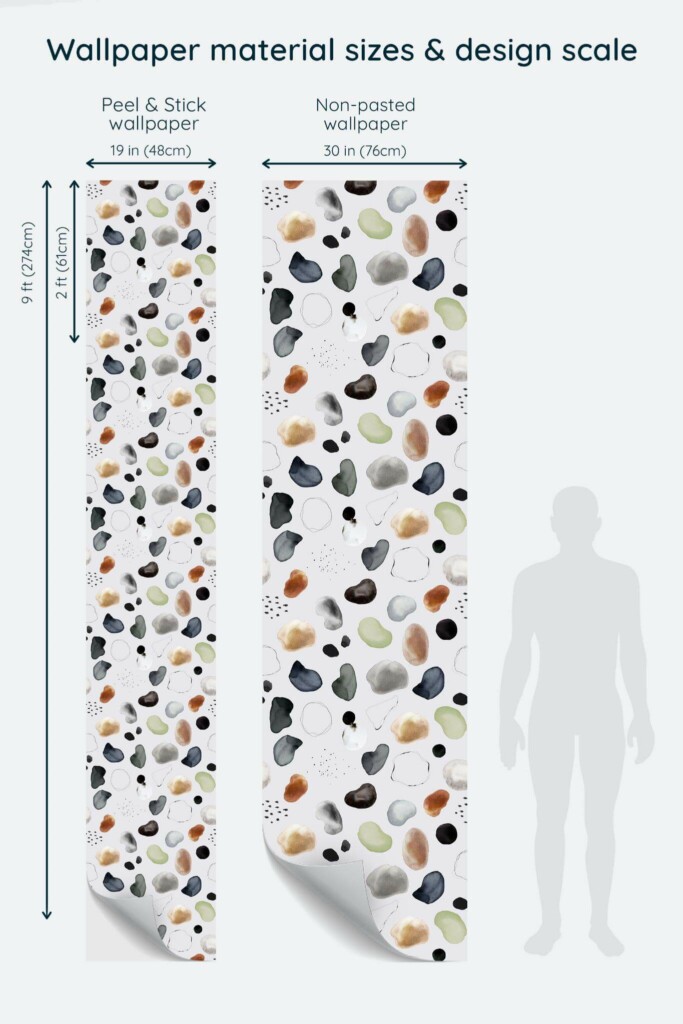 Size comparison of Abstract watercolor terrazzo Peel & Stick and Non-pasted wallpapers with design scale relative to human figure